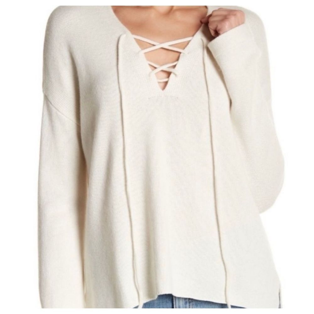 Joie cashmere blend off white lace up neckline sweater